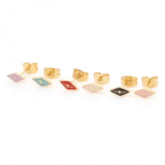 Imagen de 316 Acero Inoxidable Elegante Pendientes Chapado en Oro Multicolor Diamond Esmalte 8.3mm x 3.8mm, Post/ Wire Size: (21 gauge), 1 Par