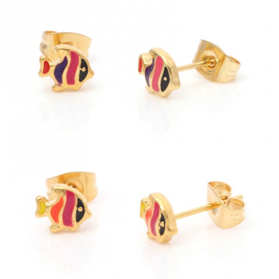 Picture of 316 Stainless Steel Stylish Ear Post Stud Earrings Gold Plated Multicolor Fish Animal Enamel 7mm x 5.8mm