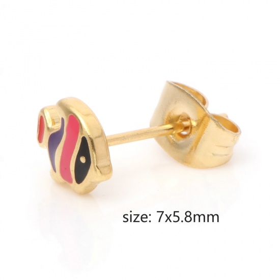 Picture of 316 Stainless Steel Stylish Ear Post Stud Earrings Gold Plated Multicolor Fish Animal Enamel 7mm x 5.8mm