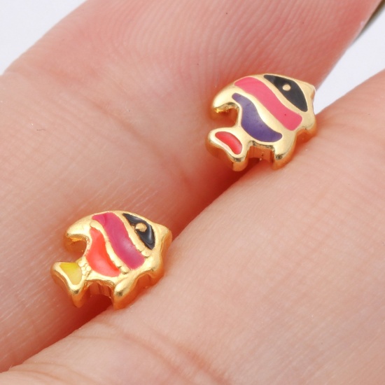 Picture of 316 Stainless Steel Stylish Ear Post Stud Earrings Gold Plated Multicolor Fish Animal Enamel 7mm x 5.8mm