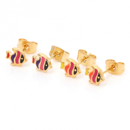 Picture of 316 Stainless Steel Stylish Ear Post Stud Earrings Gold Plated Multicolor Fish Animal Enamel 7mm x 5.8mm