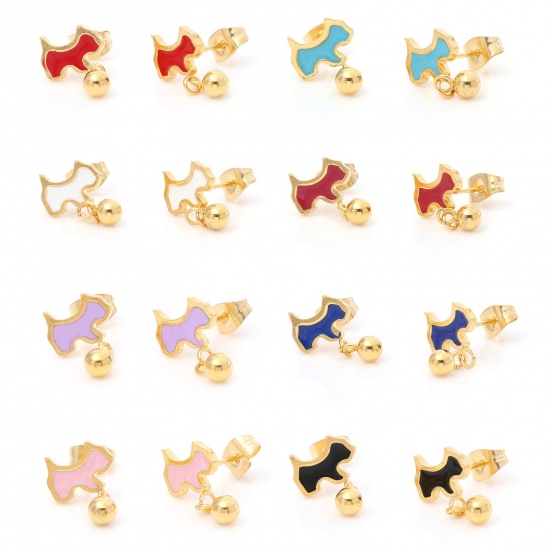 Picture of 316 Stainless Steel Stylish Ear Post Stud Earrings Gold Plated Multicolor Dog Animal Enamel 10mm x 5mm