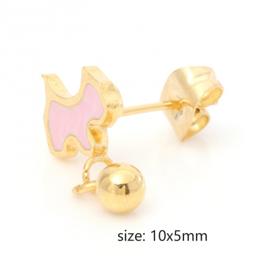 Picture of 316 Stainless Steel Stylish Ear Post Stud Earrings Gold Plated Multicolor Dog Animal Enamel 10mm x 5mm