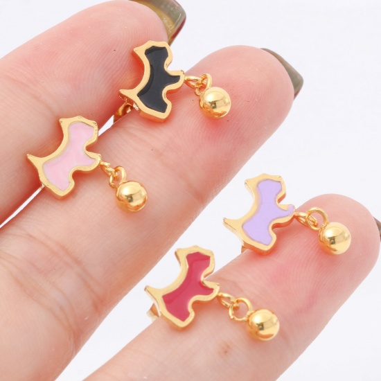 Picture of 316 Stainless Steel Stylish Ear Post Stud Earrings Gold Plated Multicolor Dog Animal Enamel 10mm x 5mm