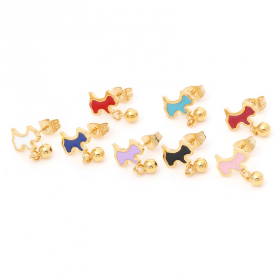 Picture of 316 Stainless Steel Stylish Ear Post Stud Earrings Gold Plated Multicolor Dog Animal Enamel 10mm x 5mm