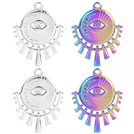 Breloques en 304 Acier Inoxydable Religieux Mauvais Œil Multicolore Lune 25mm x 19mm , 2 Pcs