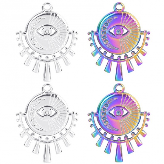 Imagen de 304 Acero Inoxidable Religión Colgantes Charms Mal de ojo Multicolor Luna 25mm x 19mm, 2 Unidades