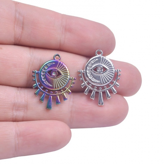Imagen de 304 Acero Inoxidable Religión Colgantes Charms Mal de ojo Multicolor Luna 25mm x 19mm, 2 Unidades