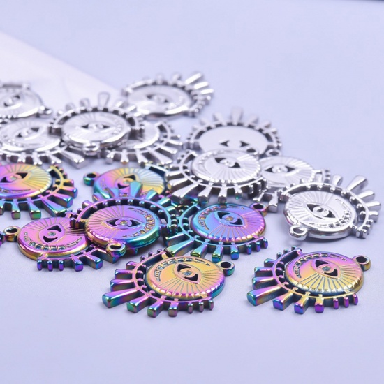 Imagen de 304 Acero Inoxidable Religión Colgantes Charms Mal de ojo Multicolor Luna 25mm x 19mm, 2 Unidades