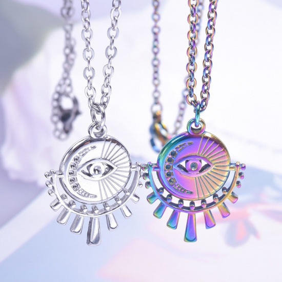 Imagen de 304 Acero Inoxidable Religión Colgantes Charms Mal de ojo Multicolor Luna 25mm x 19mm, 2 Unidades