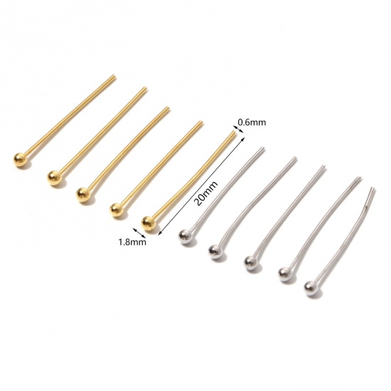 Imagen de 0.6mm Latón Bola Pinchos Oro Real Chapado 20mm x 1.8mm, 100 Unidades