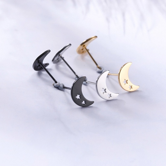 Picture of 304 Stainless Steel Galaxy Ear Post Stud Earrings Multicolor Half Moon Star Hollow 10mm x 7mm