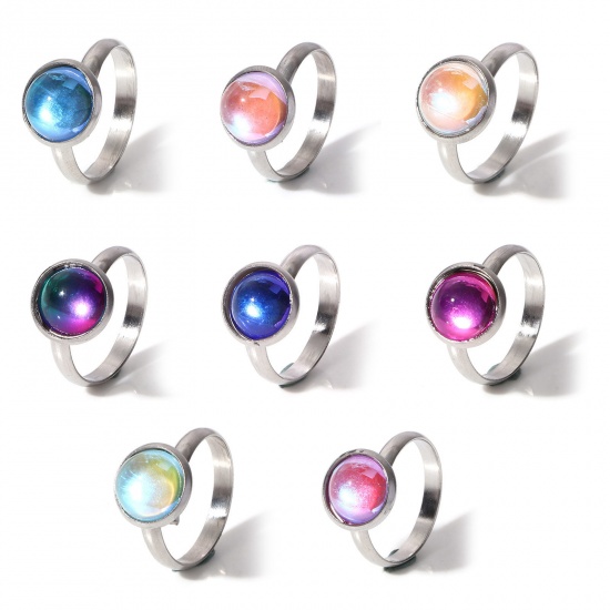 Bild von 304 Edelstahl & Glas Einfach Offen Verstellbar Ring Silberfarbe Bunt AB Farbe 17.7mm（US Größe:7.5), 1 Stück