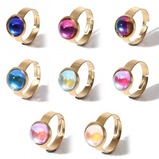 Immagine di 304 Acciaio Inossidabile & Vetro Semplice Aperto Regolabile Anello Oro Placcato Multicolore AB Colore 16.5mm (taglia di US: 6), 1 Pz