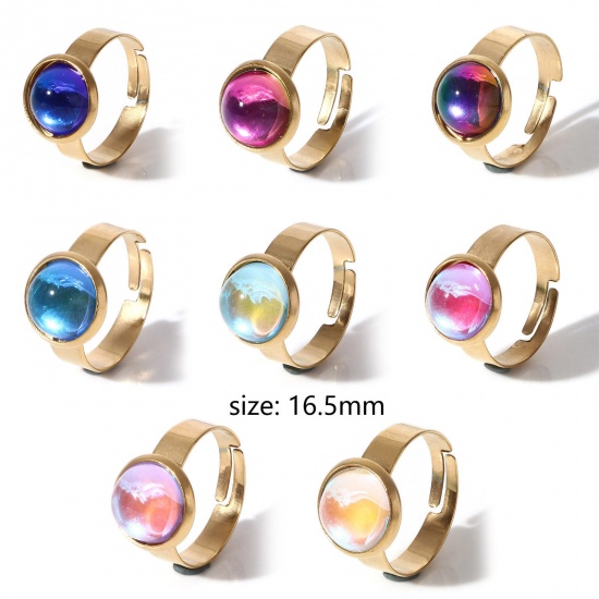 Immagine di 304 Acciaio Inossidabile & Vetro Semplice Aperto Regolabile Anello Oro Placcato Multicolore AB Colore 16.5mm (taglia di US: 6), 1 Pz