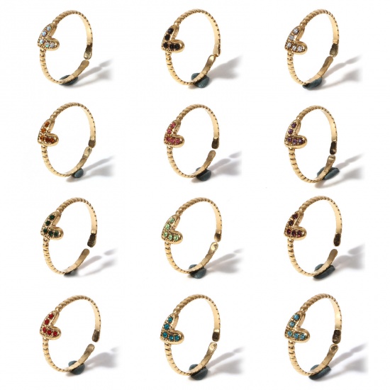 Picture of 304 Stainless Steel Birthstone Open Adjustable Rings Gold Plated Heart 16.9mm(US Size 6.5)