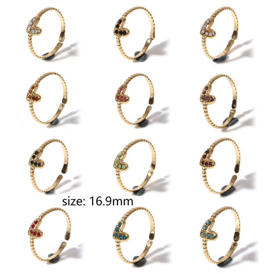 Picture of 304 Stainless Steel Birthstone Open Adjustable Rings Gold Plated Heart 16.9mm(US Size 6.5)