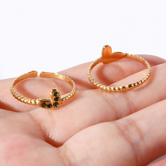 Picture of 304 Stainless Steel Birthstone Open Adjustable Rings Gold Plated Heart 16.9mm(US Size 6.5)