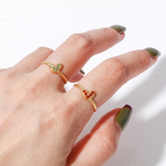 Picture of 304 Stainless Steel Birthstone Open Adjustable Rings Gold Plated Heart 16.9mm(US Size 6.5)