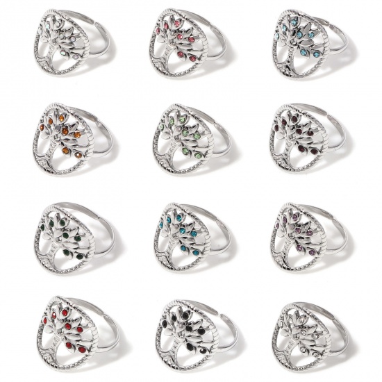 Picture of 304 Stainless Steel Birthstone Open Adjustable Rings Silver Tone Tree Of Life 16.5mm(US Size 6)