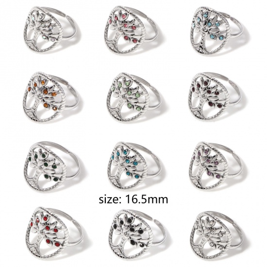 Picture of 304 Stainless Steel Birthstone Open Adjustable Rings Silver Tone Tree Of Life 16.5mm(US Size 6)