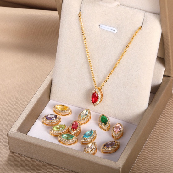 Picture of 304 Stainless Steel Birthstone Rolo Chain Necklace Gold Plated Marquise Multicolor Rhinestone 38cm(15") long