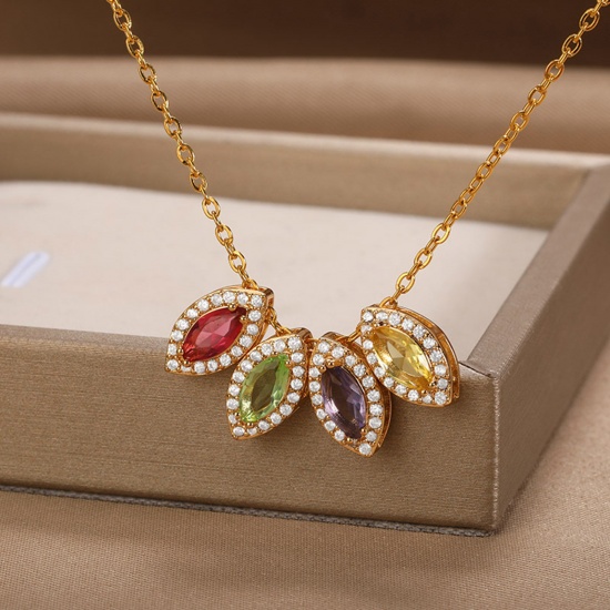 Picture of 304 Stainless Steel Birthstone Rolo Chain Necklace Gold Plated Marquise Multicolor Rhinestone 38cm(15") long