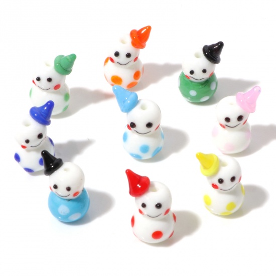 Picture of Lampwork Glass Cute Beads Christmas Snowman Multicolor 3D About 23mm x 15mm