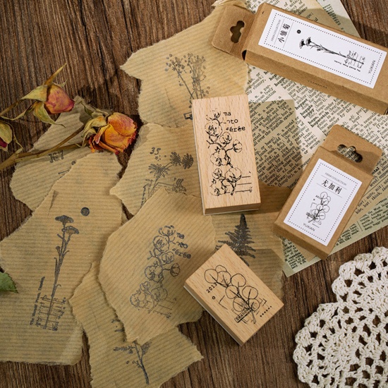 Picture of Natural Wood Flora Collection Seal Stamper Rectangle Khaki Herbs Pattern