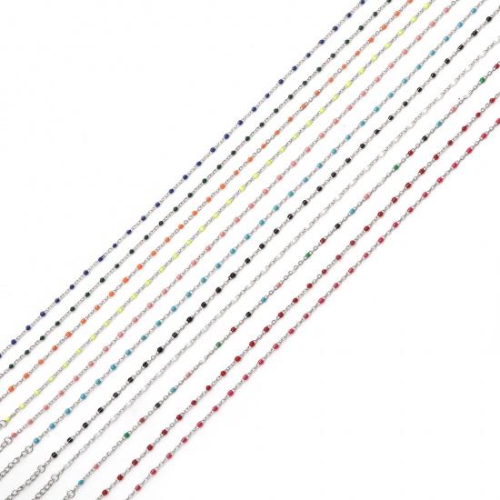Immagine di 304 Acciaio Inossidabile Cavo Catena Collana Tono Argento Multicolore Smalto 45cm Lunghezza, 1 Pz