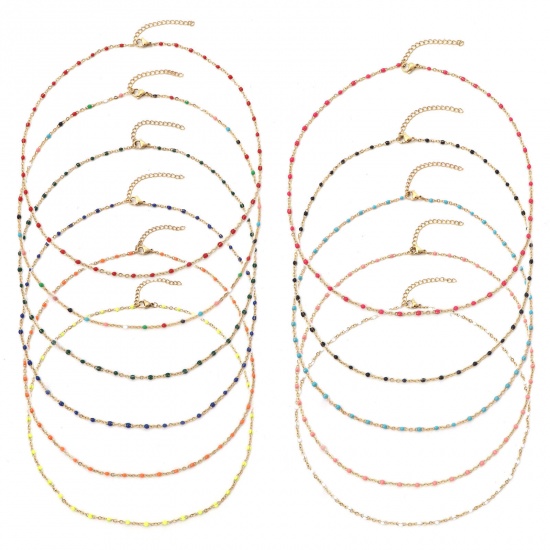 Picture of 304 Stainless Steel Link Cable Chain Necklace Gold Plated Multicolor Enamel 45cm(17 6/8") long