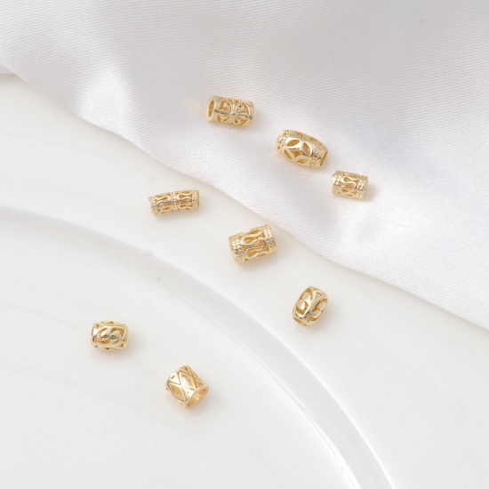 Image de Perles en Laiton Plaqué Or Véritable 14K Colonne Fleurs Creuses 5 Pcs