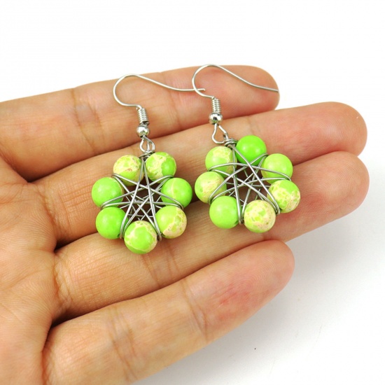 Picture of Gemstone ( Natural ) Yoga Healing Ear Post Stud Earrings Silver Tone Multicolor Star Of David Hexagram Round Wrapped 4.1cm