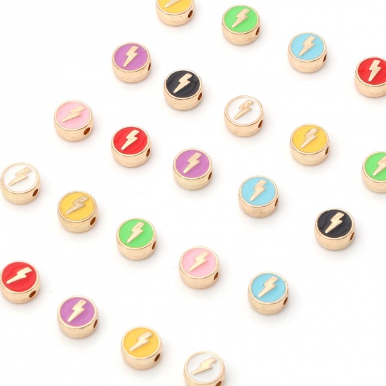 Picture of Zinc Based Alloy Weather Collection Spacer Beads Gold Plated Multicolor Flat Round Lightning Enamel About 8mm Dia.