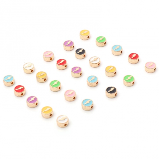 Picture of Zinc Based Alloy Weather Collection Spacer Beads Gold Plated Multicolor Flat Round Lightning Enamel About 8mm Dia.