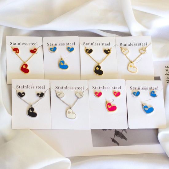 Picture of 304 Stainless Steel & Shell Valentine's Day Jewelry Necklace Earrings Set Multicolor Heart 1 Set