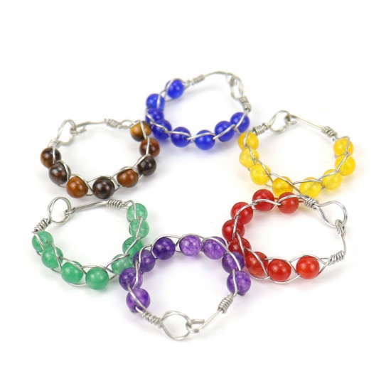 Picture of Gemstone ( Synthetic ) Adjustable Wire Wrapped Beaded Rings Silver Tone Multicolor Round 19.8mm(US Size 10)
