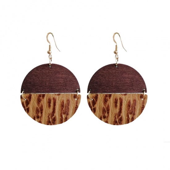 Picture of Wood & Real Leather Boho Chic Bohemia Ear Wire Hook Earrings Silver Tone Multicolor Round Texture 5.8cm x 4cm