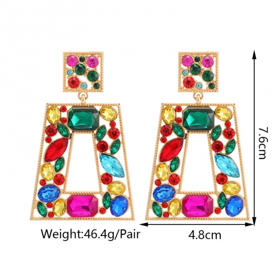 Picture of Geometry Series Ear Post Stud Earrings Gold Plated Trapezoid Multicolor Rhinestone 6cm x 3.4cm