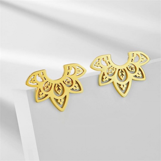 Picture of Titanium Steel Baroque Ear Post Stud Earrings Multicolor Lotus Flower Hollow 22.2mm x 15.4mm