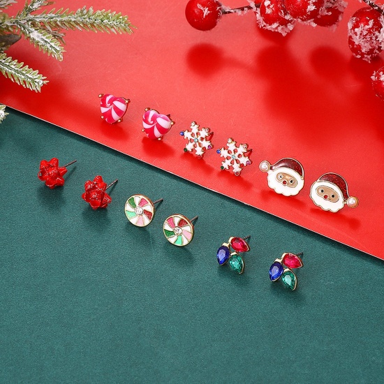 Picture of Christmas Ear Post Stud Earrings Set Gold Plated Multicolor Enamel