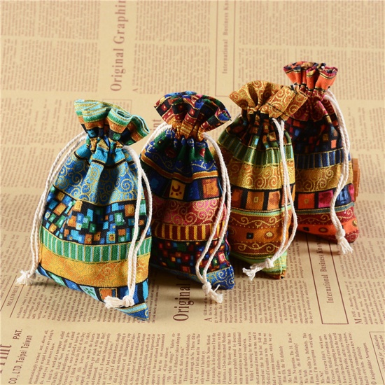 Picture of Cotton Ethnic Drawstring Bags Multicolor At Random 14cm x 10cm