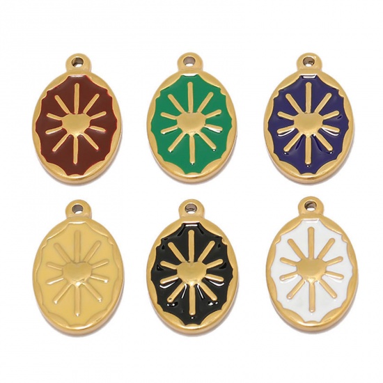 Picture of 304 Stainless Steel Charms Gold Plated Multicolor Oval Sun Enamel 24mm x 14mm