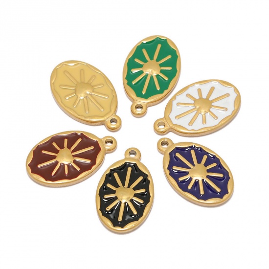 Picture of 304 Stainless Steel Charms Gold Plated Multicolor Oval Sun Enamel 24mm x 14mm