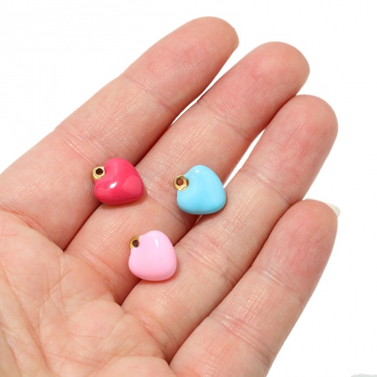 Picture of 304 Stainless Steel Valentine's Day Charms Gold Plated Multicolor Heart Enamel 13mm x 11mm