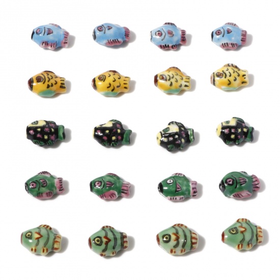 Picture of Ceramic Ocean Jewelry Beads Fish Animal Multicolor Painted About 15mm x 12mm