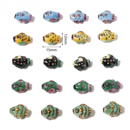 Picture of Ceramic Ocean Jewelry Beads Fish Animal Multicolor Painted About 15mm x 12mm