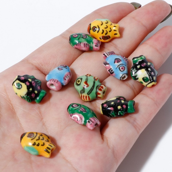 Picture of Ceramic Ocean Jewelry Beads Fish Animal Multicolor Painted About 15mm x 12mm