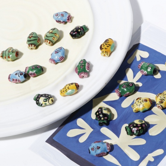 Picture of Ceramic Ocean Jewelry Beads Fish Animal Multicolor Painted About 15mm x 12mm