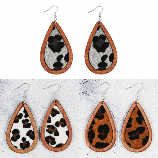 Picture of Natural Wood & Faux Leather Ear Wire Hook Earrings Silver Tone Drop Leopard Print